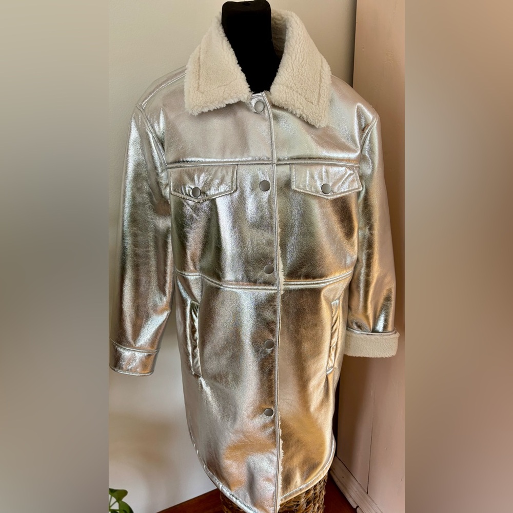 7 For Mankind Los Angeles Silver Faux Shearling Sherpa Coat Jacket M metallic